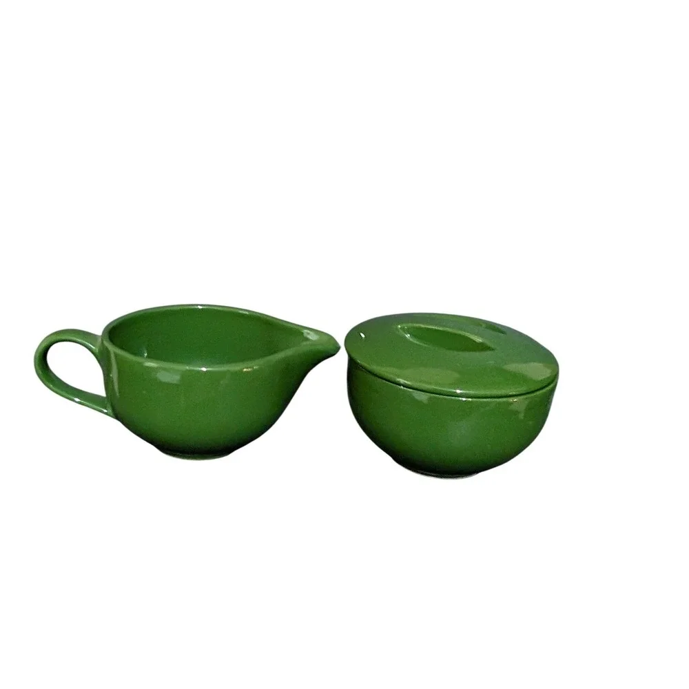 Vintage Green Ceramic Creamer and Lidded Sugar Bowl Set Mid Century Modern